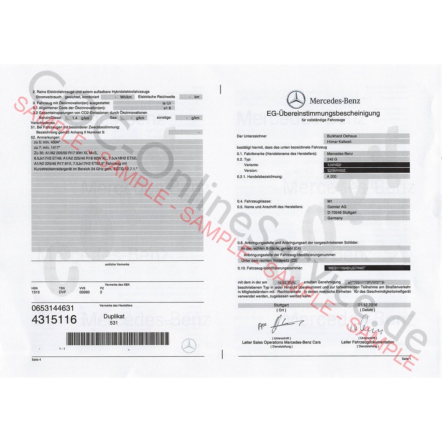 Papéis COC para Mercedes-Benz(Certificado de Conformidade)