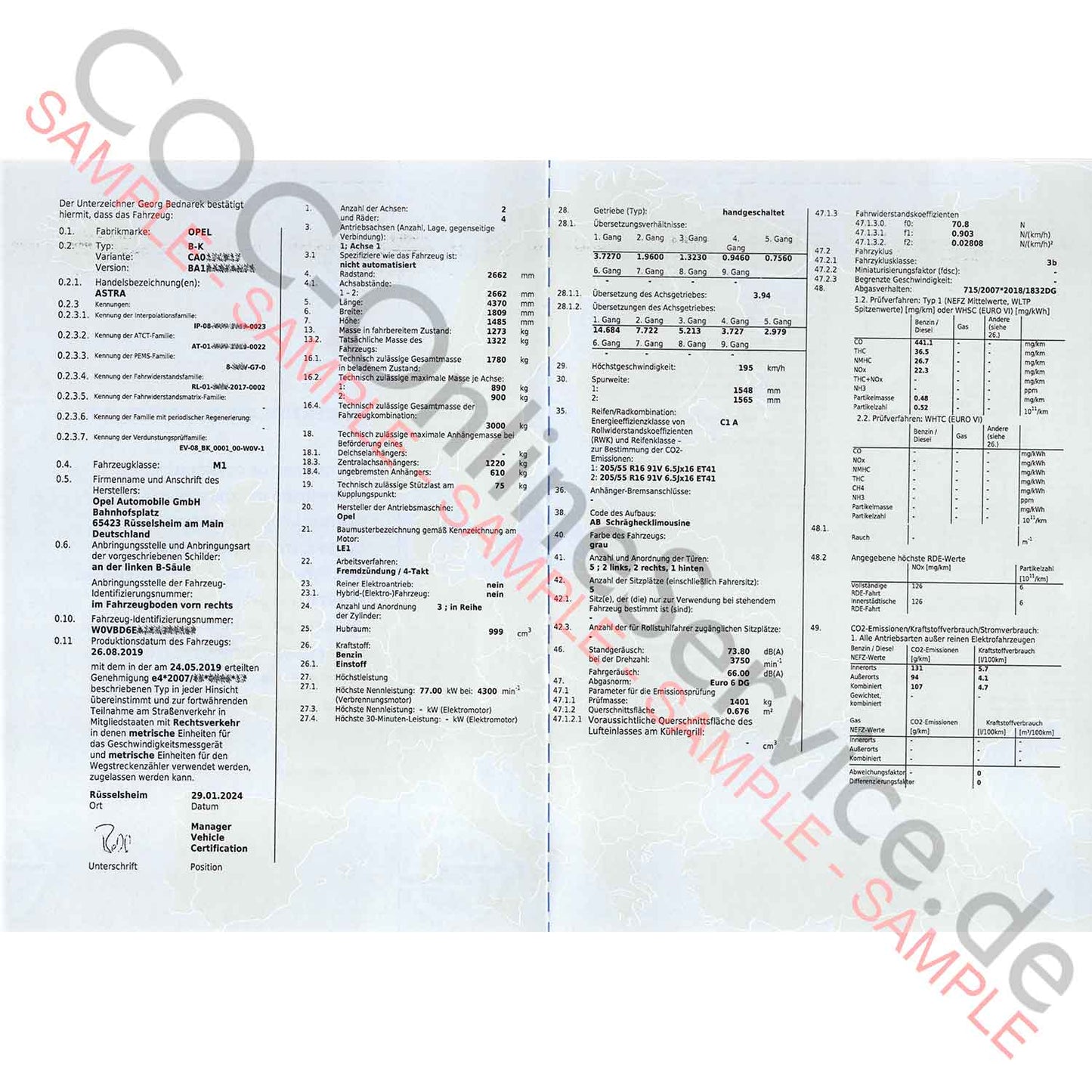 Documento COC per OPEL (Certificato di conformità)