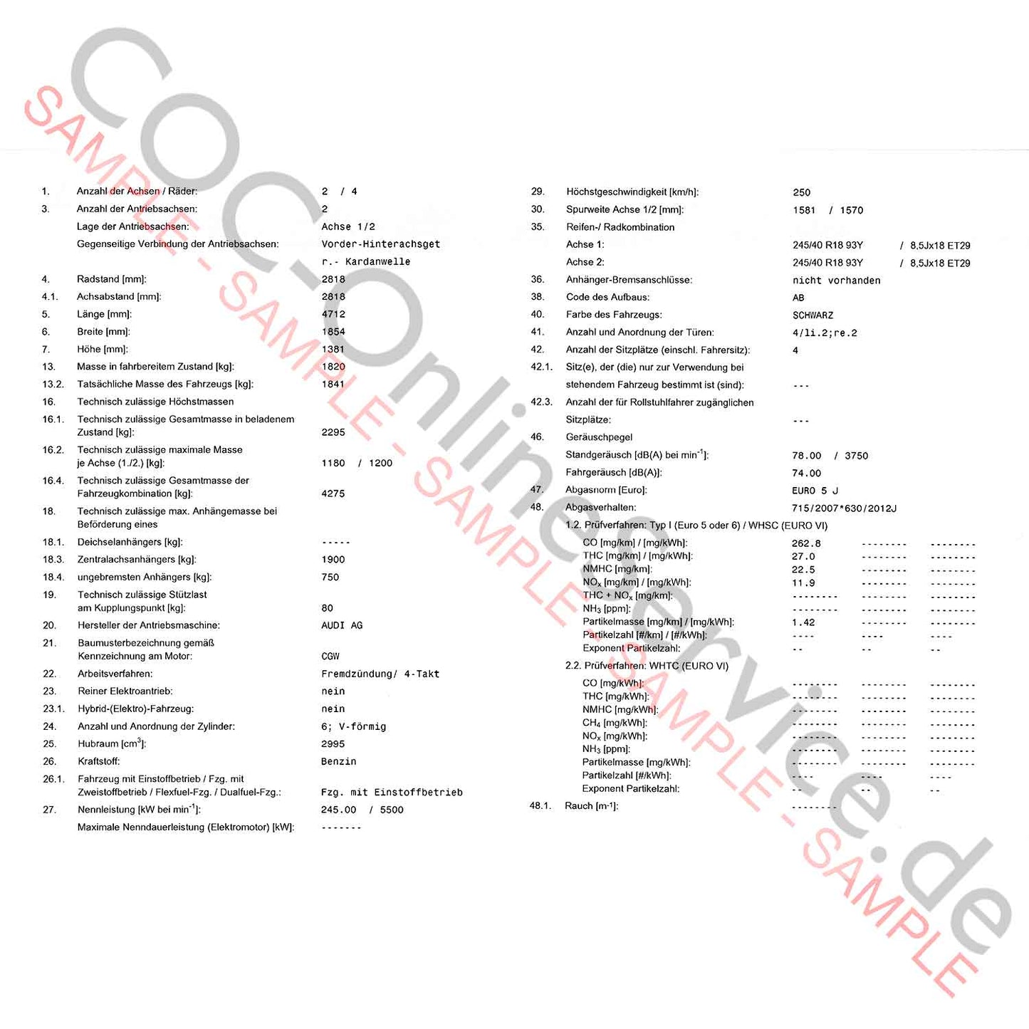 Documento COC per Audi (Certificato di Conformità)