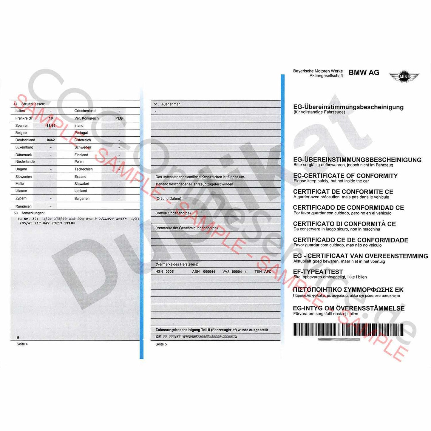 COC Documents for MINI (Certificate of Conformity)