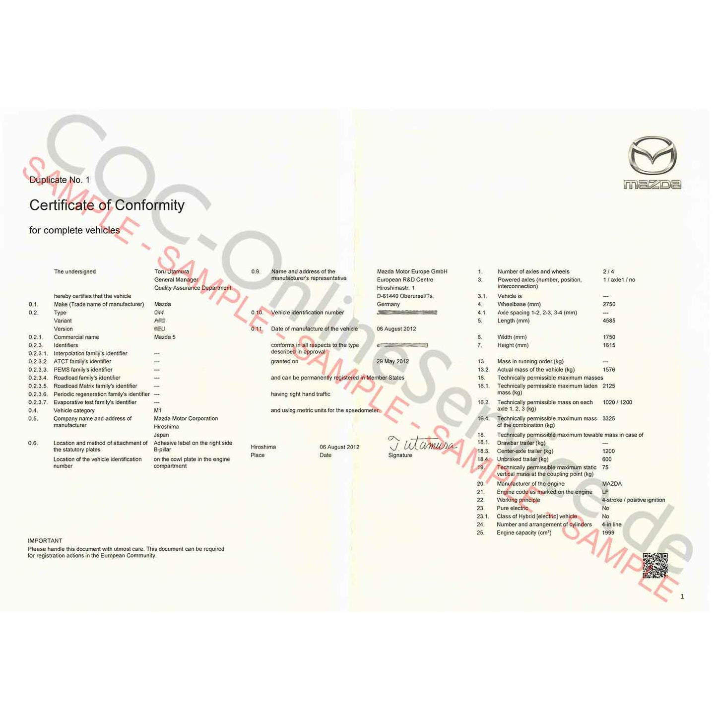 COC Documents for Mazda (Certificate of Conformity)