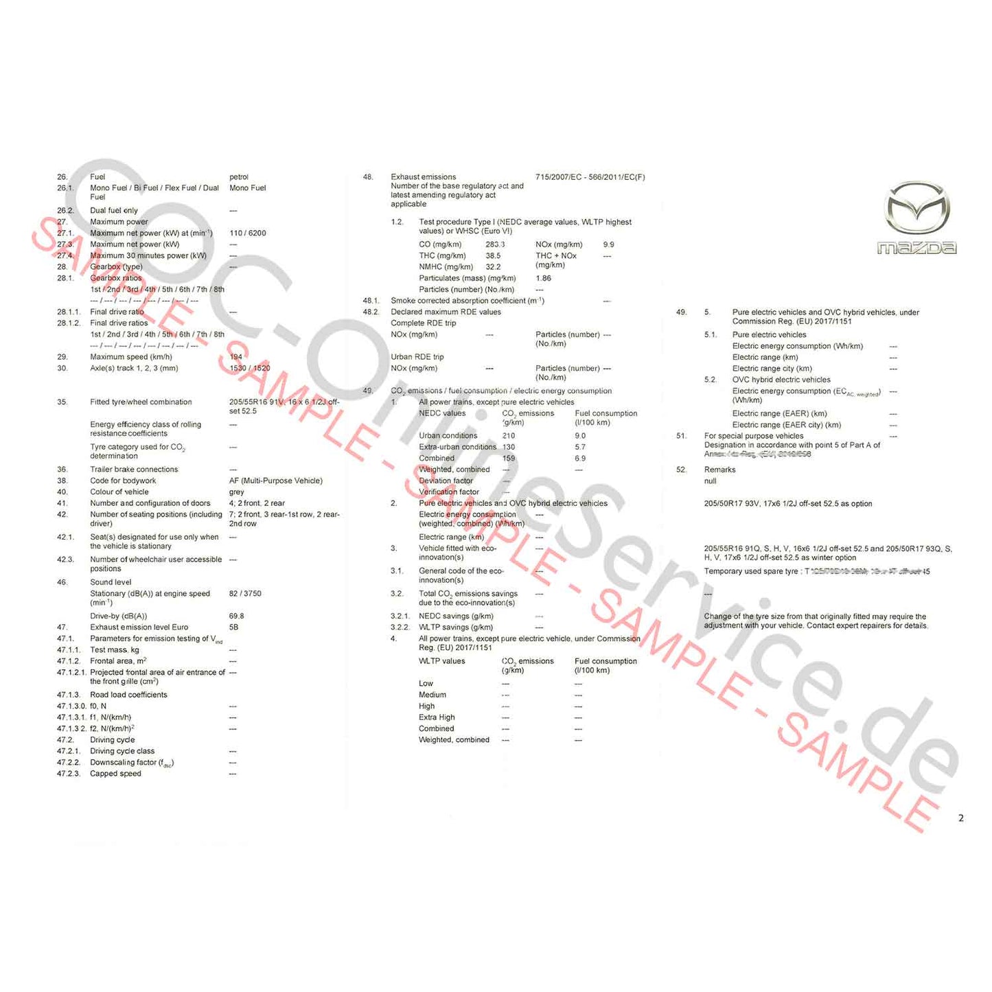 COC Documents for Mazda (Certificate of Conformity)